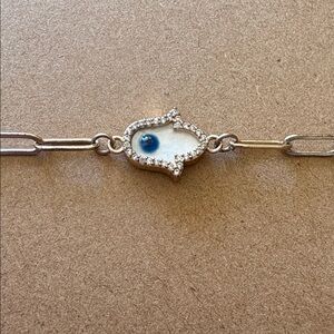 Hamsa with evil eye bracelet paper clip style chain with clasp closure dainty